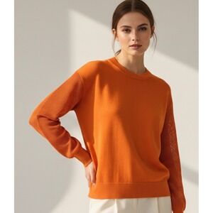 Max Mara Studio Orange Crew Neck Sweater Pointelle Sz M Mesh Sleeve Knit Jumper